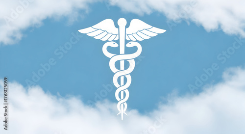 Serene medical symbol floating amidst calming blue skies and fluffy clouds, conveying hope, healing, and a bright future for healthcare initiatives