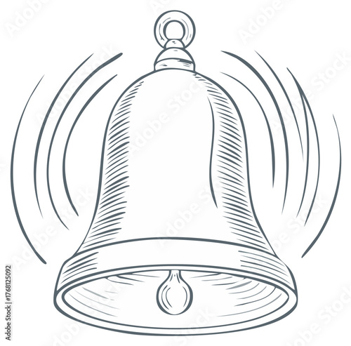 Illustration of a ringing bell with visible sound waves around it, simple sketch with hatching lines