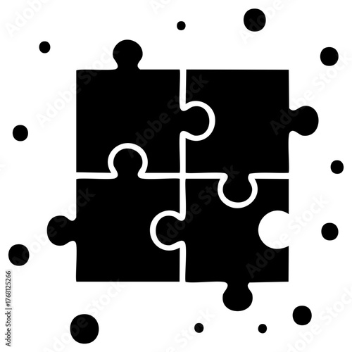 Four black puzzle pieces fit together with scattered dots around them