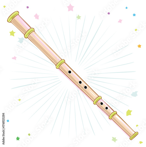 Whimsical Bamboo Flute Illustration with Bursting Rays and Colorful Stars for Children's Projects
