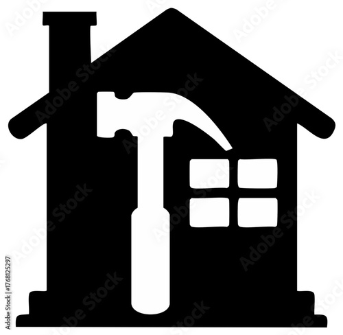 Hammer over home icon silhouette illustration depicting construction or repairs