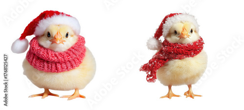 Two cute baby chicks wearing santa hats and red scarves, isolated on transparent background