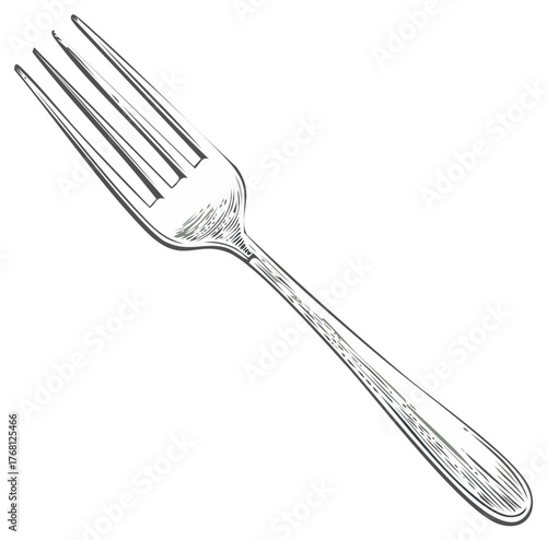 Detailed sketch of a four-tined metal dining fork with a classic handle design