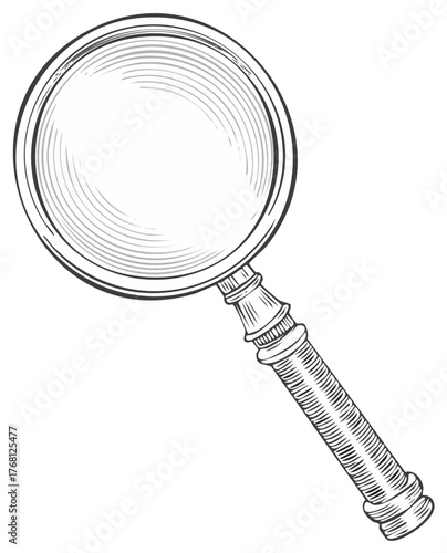 Engraving style magnifying glass icon for research exploration and detailed examination