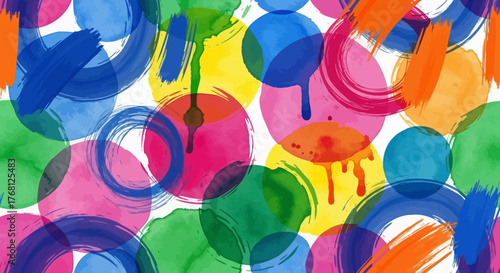 Vibrant watercolor paint circles and brushstrokes blend into a cheerful colorful pattern
