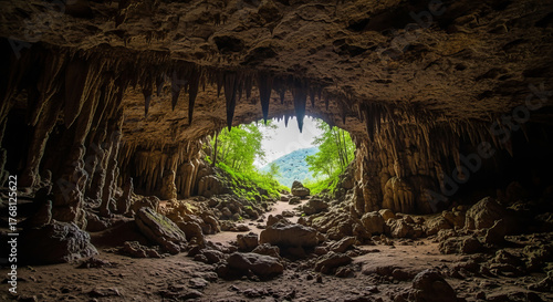 A picturesque view of the exit from a dark large cave into open terrain.
