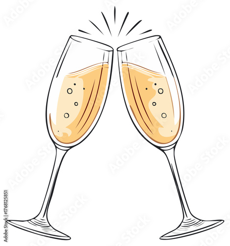 Illustration of two champagne flutes clinking to celebrate a special occasion, party or event with bubbly beverage