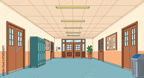 Cartoon school hallway illustration with lockers and doors vector editable stock
