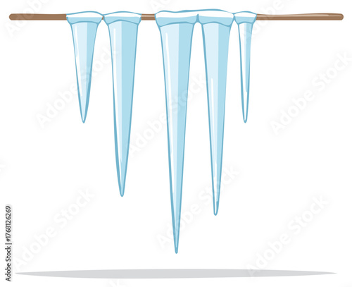 Light blue cartoon icicles hanging neatly from a rustic brown stick winter season illustration