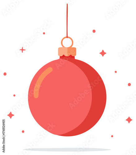 Festive sphere ornament hanging, simple holiday decoration with floating sparkle dots around.