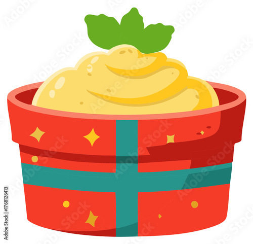 Festive creamy dip in a red holiday bowl with green garnish and golden sparkles