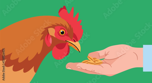 Feeding chicken hand seeds cartoon illustration vector graphics editable stock