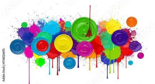 Vibrant explosion of colorful paint splatters and circle designs on white backdrop