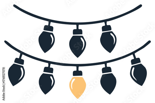 Garland of hanging decorative lights with one glowing yellow bulb, a symbol of idea and creativity.