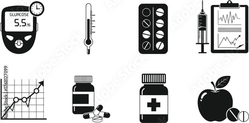Diabetes management and treatment glucose monitoring and healthy diet editable stock