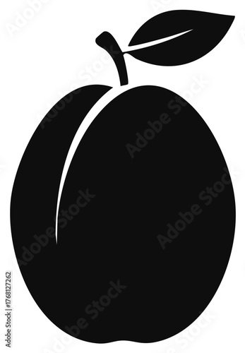 Minimalist black silhouette of a plum or peach fruit with a stem and leaf