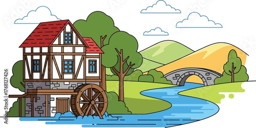 Illustration of water mill house river bridge landscape vector art editable stock