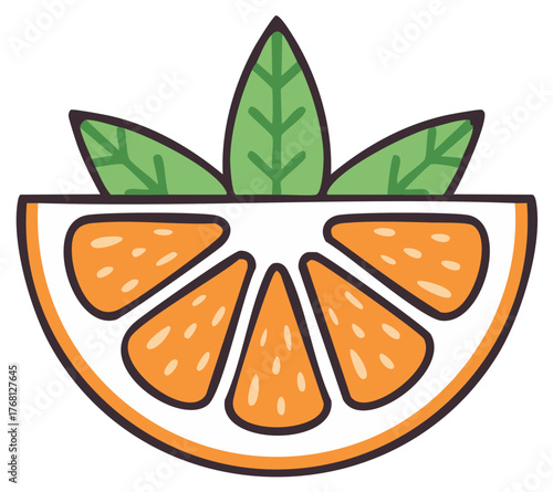 Fresh orange slice with green leaves illustration for summer drinks and healthy food concepts