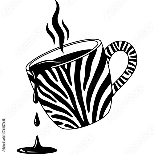 Hot coffee dripping from a tilted zebra pattern mug. Steam and small puddle. Black and white vector concept of overflow or spill. Isolated graphic for cafe menu or sticker.
