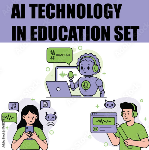 AI in Education Set. Robot Assisting Teachers and Students with Lessons, Using Generative Tools for Learning and Writing. Vector Illustration.