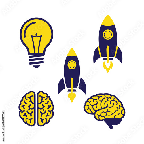 Conceptual illustration of rocket ships and brains in yellow and blue on a white background representing ideas and innovation.
