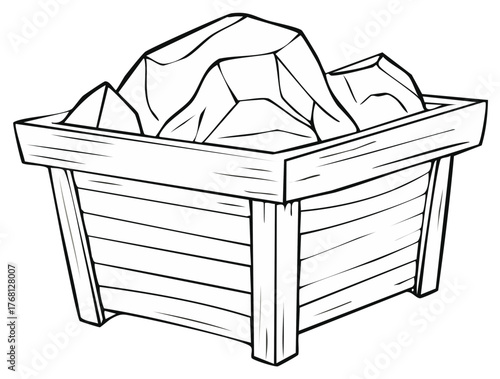 Cartoon drawing of rocks in a wooden cart or container, vector illustration