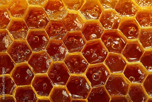Golden honeycomb detail with sweet honey bubbles, perfect for natural food brands and healthy lifestyle campaigns, featuring vibrant colors and close-up view