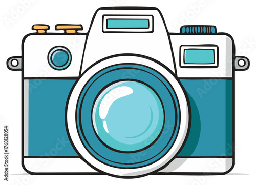 Cute cartoon style retro camera illustration with a blue and white body and a large lens