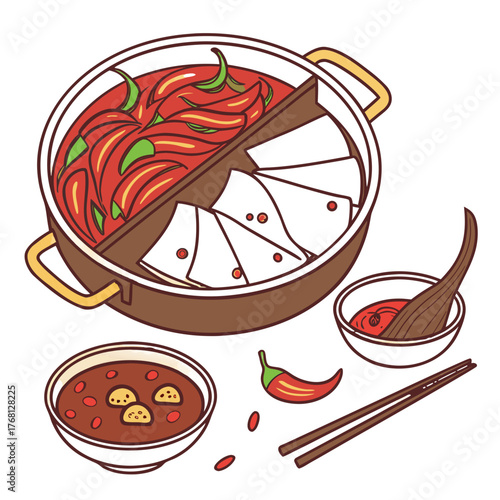 Spicy Sichuan Hot Pot Vector Illustration. Perfect for: Asian restaurant menus, Chinese food packaging, culinary culture blogs