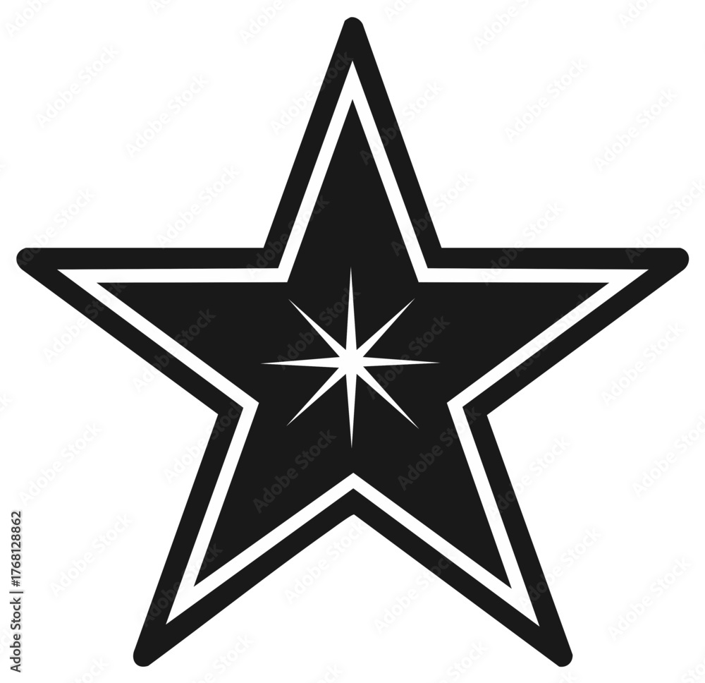Fototapeta premium Black five pointed star icon with white outline and shining starburst inside digital illustration
