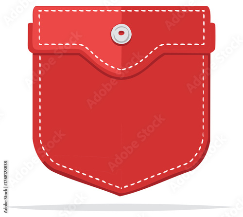 Red denim jean pocket with white stitching and button closure