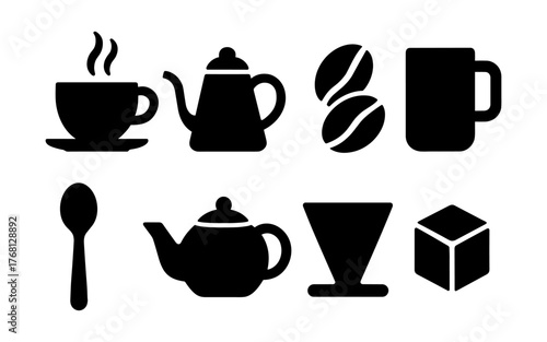 Set of black drink and coffee-related icons including cup, kettle, beans, mug, spoon, teapot, dripper, and sugar cube. Flat icon style