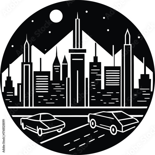 Urban city skyline with modern buildings cars on road under a full moon and stars at night cityscape illustration
