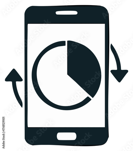 Smartphone with pie chart icon, arrows rotating around the display