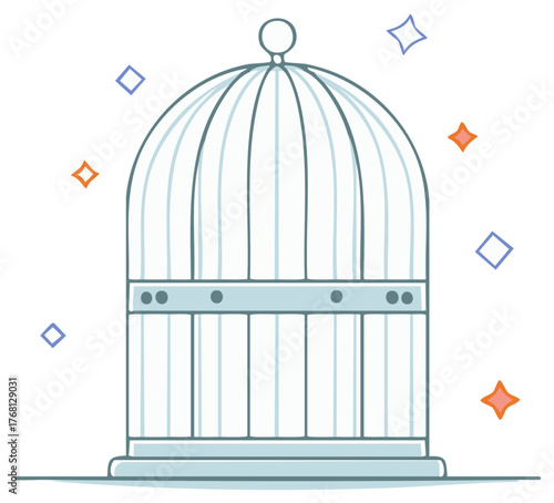 Empty birdcage illustration with stylized stars.