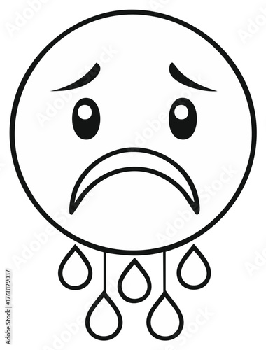 Sad emoji illustration with tears, outline drawing for sadness, sorrow, and depression.