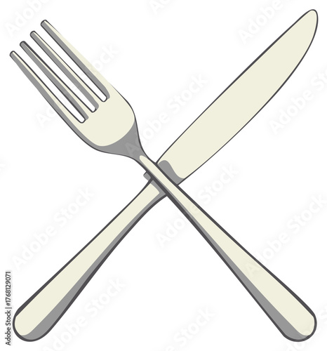 Silver fork and knife crossed flatware representing food or dining design illustration