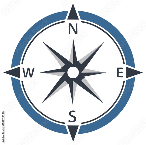 Compass Rose Navigation Tool with Cardinal Directions on Blue Ring for Maps and Orientations