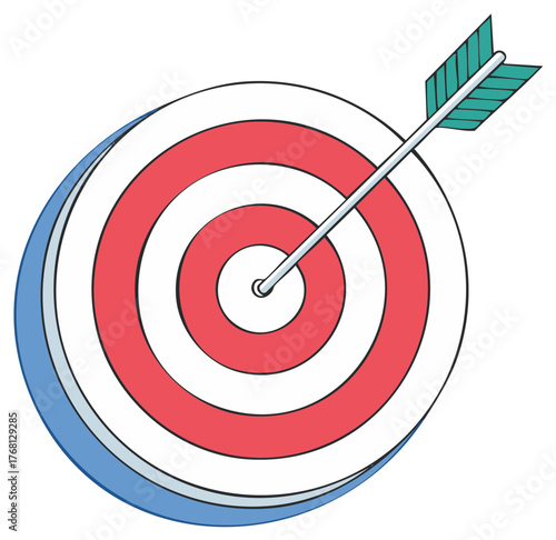 Arrow hits the bullseye red target achieving goals pointing at the center focus accuracy icon