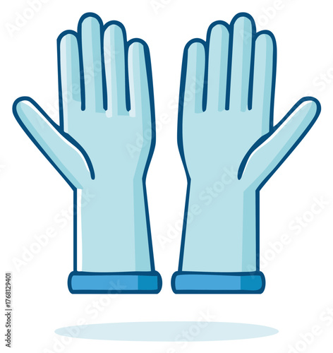 Pair of light blue cartoonish protective gloves open wide with blue cuffs