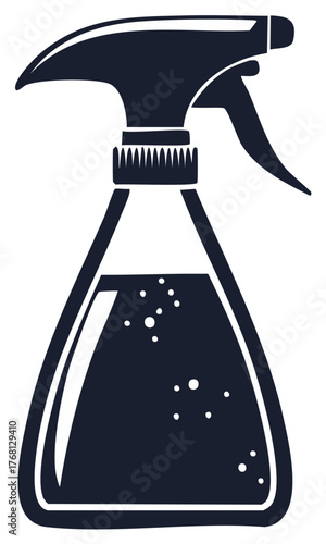Dark blue silhouette of a spray bottle filled with liquid and bubbles, isolated on a white background