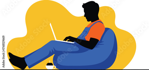 Man working on laptop in beanbag chair remote work lifestyle image editable stock
