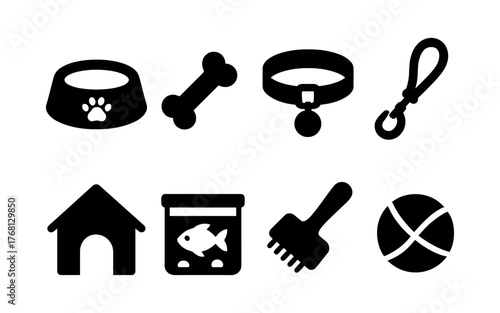 Set of black pet care icons including food bowl, bone, collar, leash, dog house, aquarium, brush, and toy ball. Flat icon style