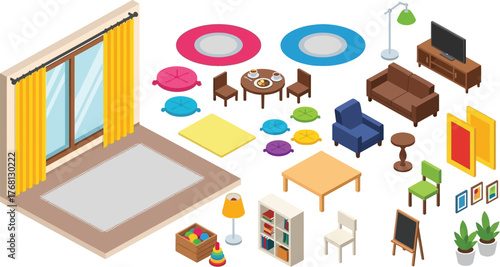 Isometric room furniture vector interior design elements set decor editable stock