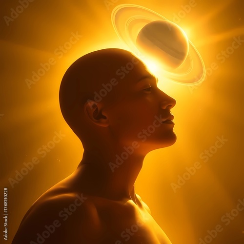 Profile of a bald man looking up with saturn above his head in a golden light