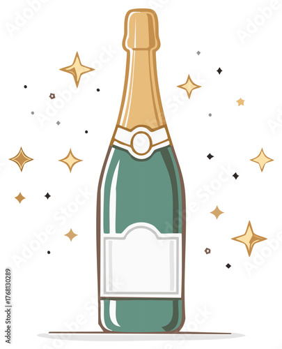 Champagne bottle with blank label and sparkling stars. Festive vector illustration for a party or celebration.