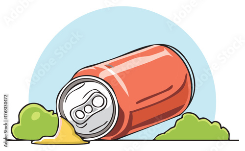 Cartoon style illustration of a spilled orange soda can near grass patches