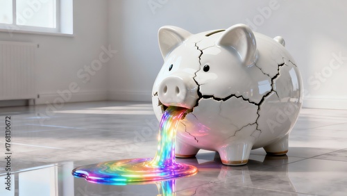AI-generated cracked piggy bank spilling vibrant rainbow liquid on shiny floor, financial loss concept with surreal colorful money metaphor, modern economic crisis illustration.