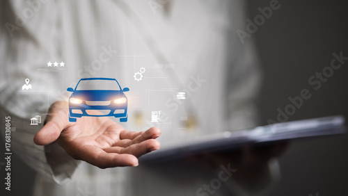 Tablou pe pânză Businesswoman Presenting Car Icon for Auto Insurance and Smart Mobility