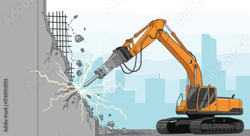 An excavator with a jackhammer attachment demolishes a concrete wall with rebar visible.